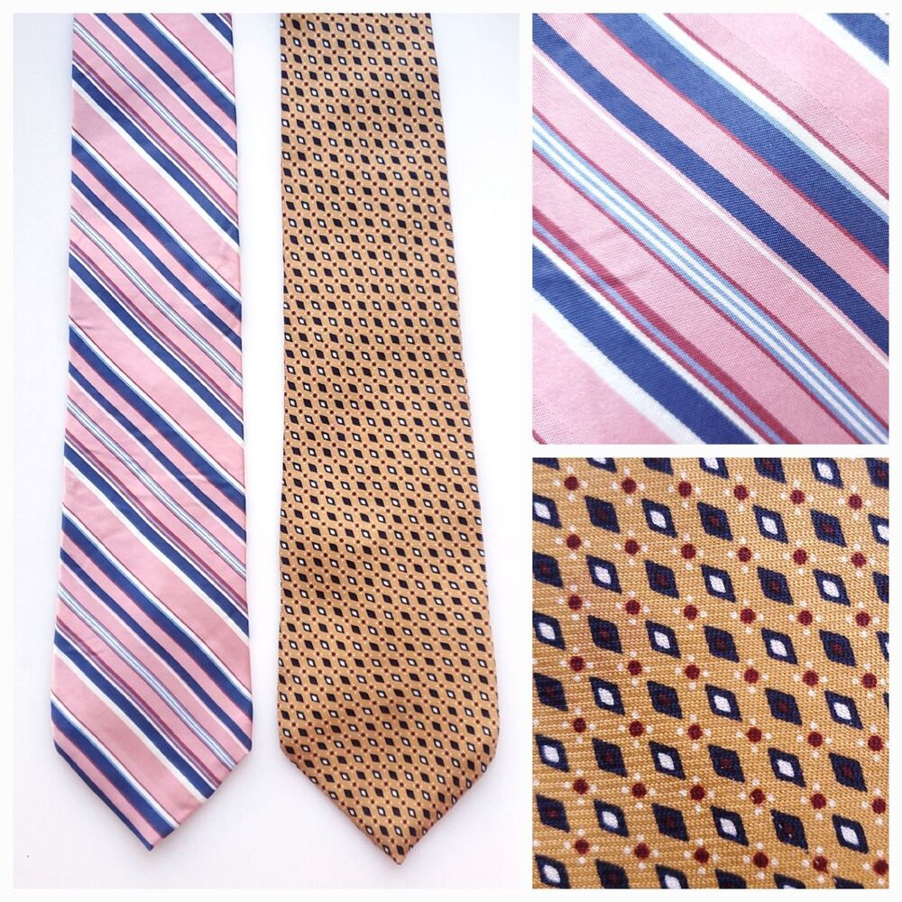 Tommy Hilfiger Mens Silk Tie Lot of 2 Pink Stripe Gold Diamond Two Tone Necktie
